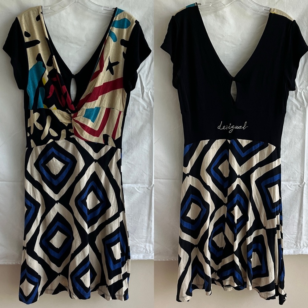 Desigual Juani Dress black with geometric colorful print, V-Neck, size XL